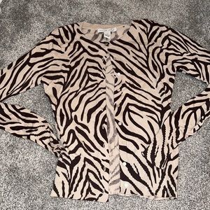 cream and brown zebra printed button up cardigan